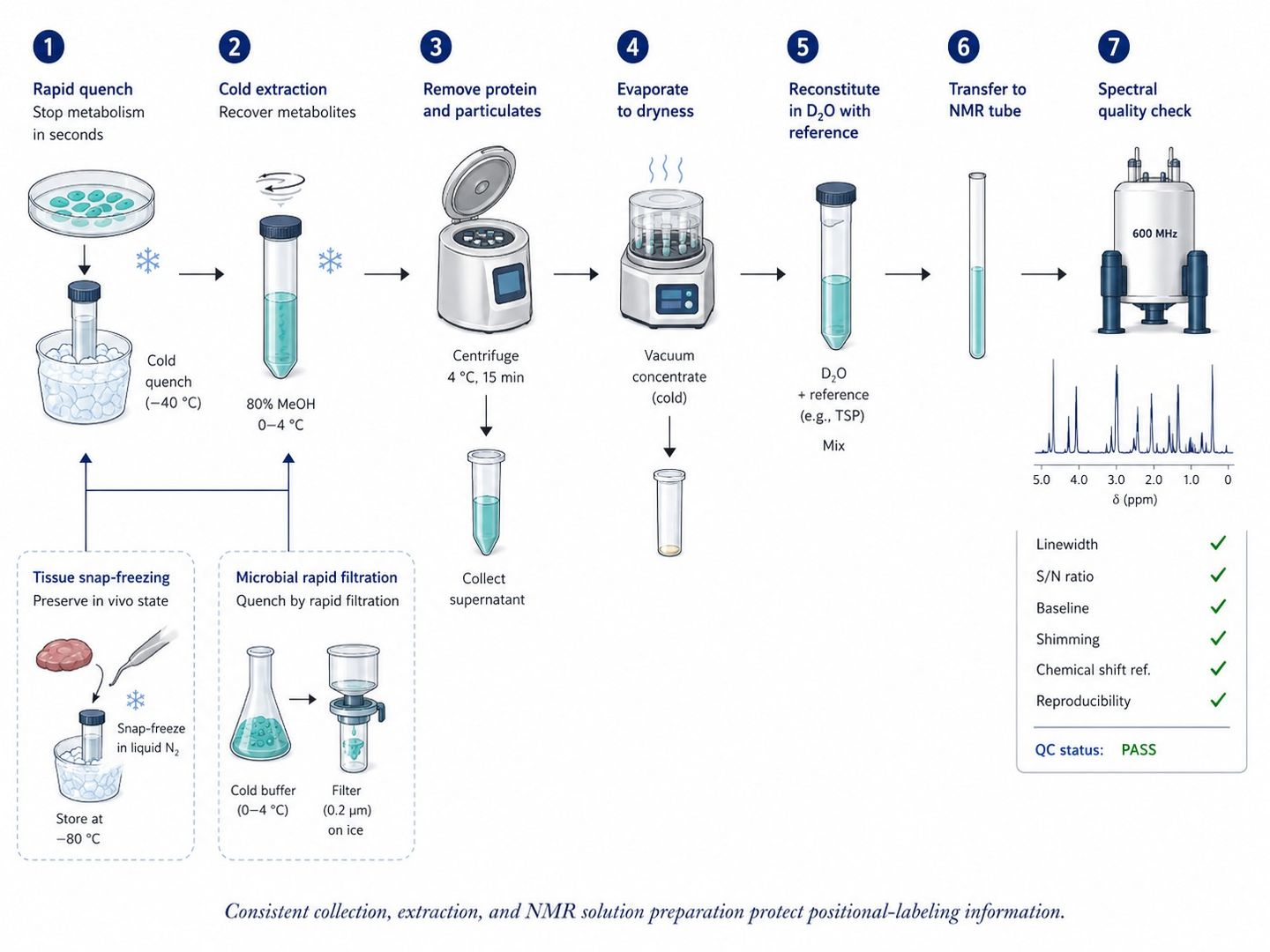 NMR flux analysis sample preparation with rapid quenching, extraction, reconstitution, and quality controls