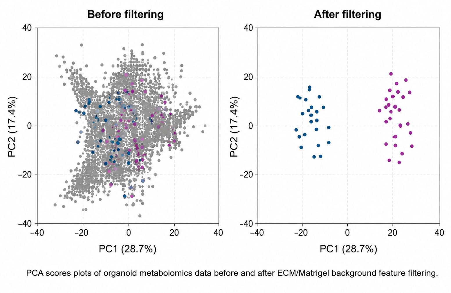 PCA scores plots of organoid metabolomics data before and after ECM/Matrigel background feature filtering