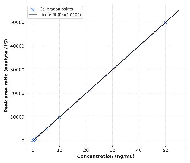 Calibration curve of oxidative stress marker with linear regression and R² value showing high quantitation accuracy.