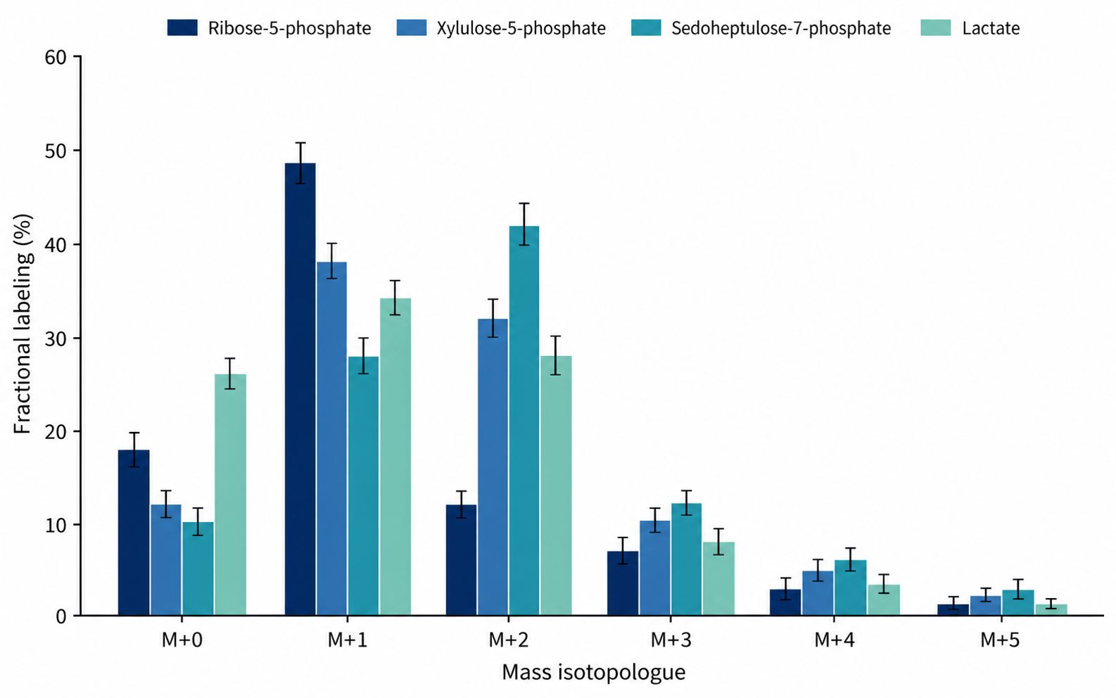 Pentose phosphate pathway mass isotopologue distribution bar plot for M+1 versus M+2 pentose phosphates