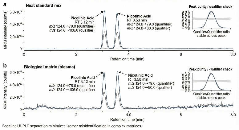 Stacked UHPLC–MRM chromatograms showing baseline isomer separation in standards and plasma, annotated with retention times and MRM transitions.