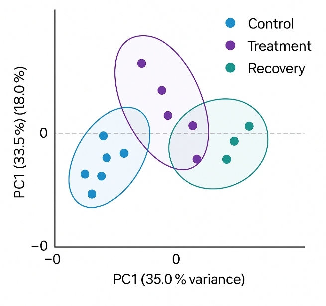 PCA scores plot showing metabolic separation of Control, Treatment, and Recovery sample groups.