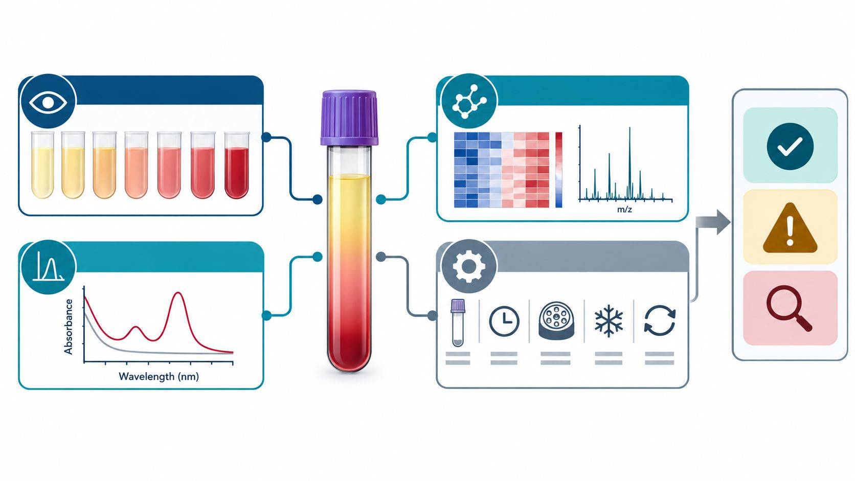 Hemolysis assessment framework integrating visual inspection, spectrophotometric hemolysis index, cell-free hemoglobin, metabolite signatures, and study metadata.
