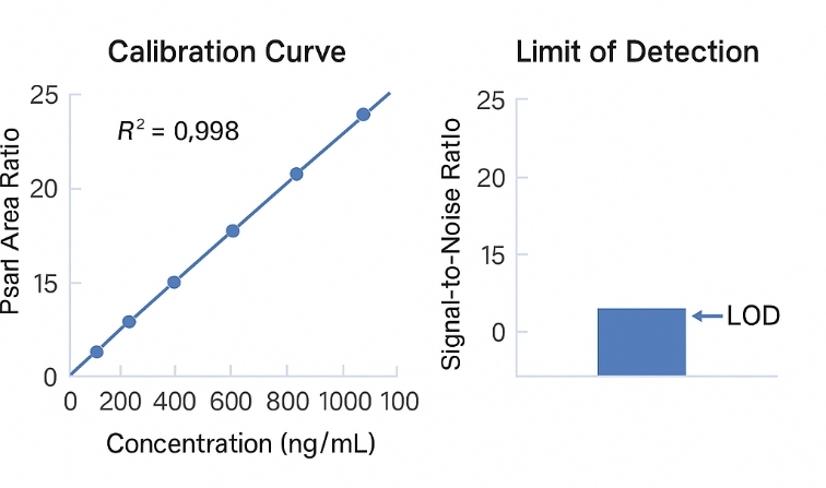 Calibration curve and LOD plot demonstrating quantitative linearity and sensitivity for a representative heparan sulfate disaccharide