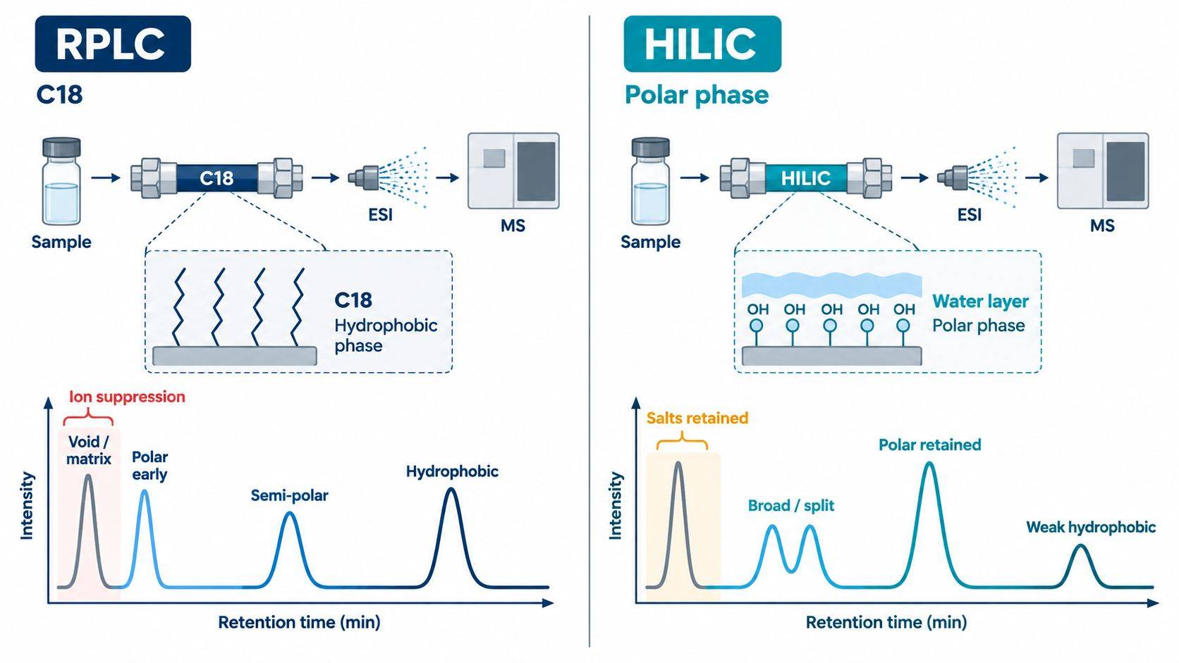 Side-by-side chromatographic schematic comparing void-volume coelution and ion suppression in RPLC with salt retention, water-layer disruption, and injection-solvent mismatch in HILIC.