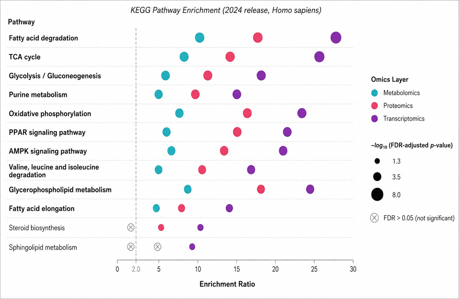 Integrated Multi-Omics Pathway Network with KEGG pathway enrichment across metabolomics, proteomics and transcriptomics