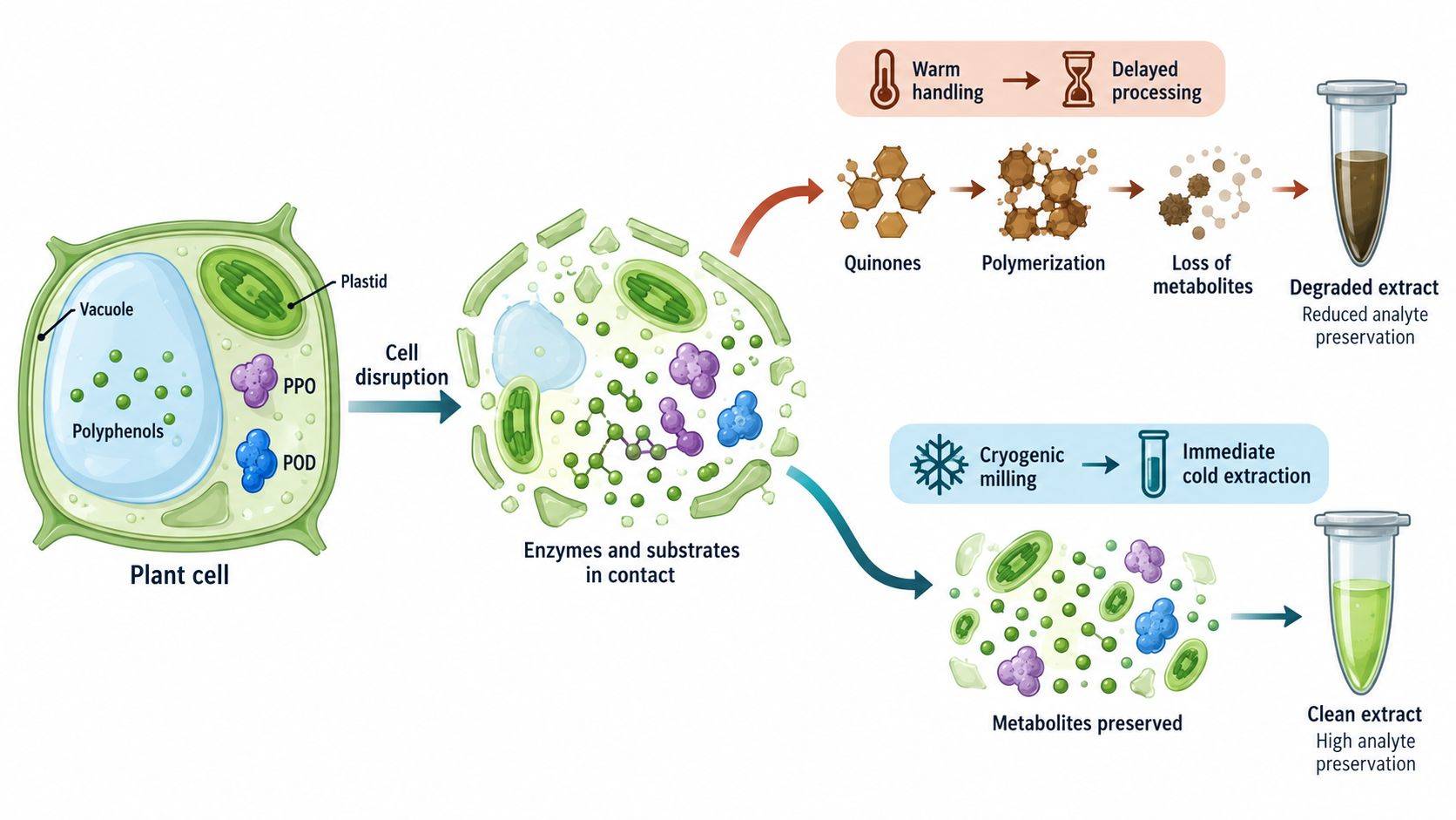Plant tissue oxidation control from cryogenic grinding to cold extraction