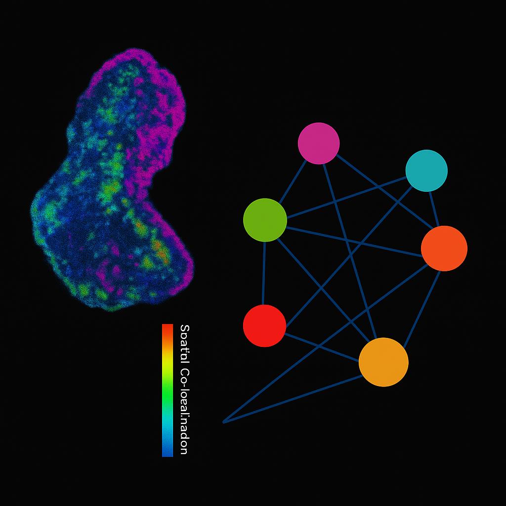 Tissue section heatmap showing metabolite co-localization in blue, green, and magenta, alongside a network diagram with colored nodes representing metabolites and lines indicating spatial correlations.