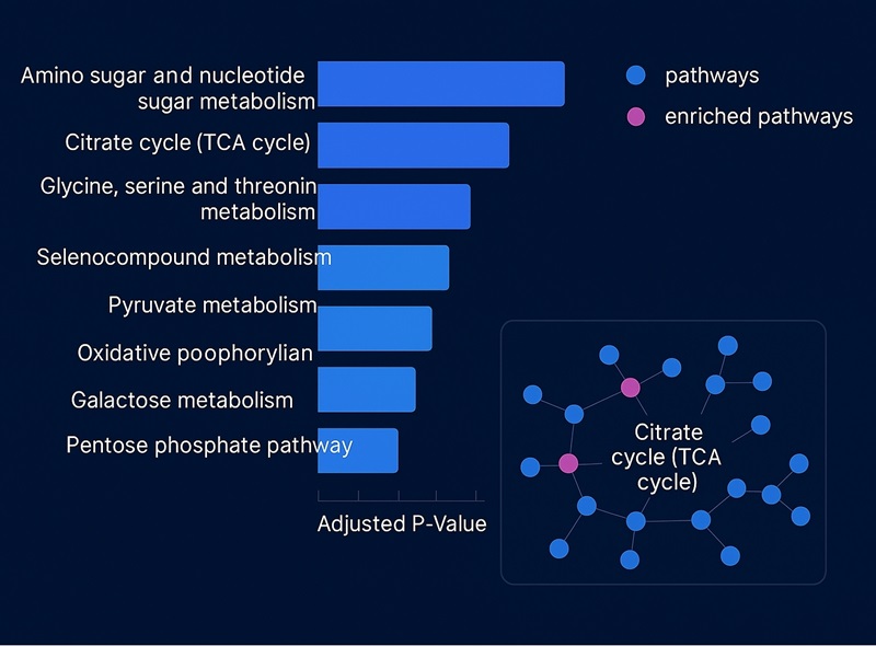 Bar chart of metabolic pathways sorted by adjusted p-value, paired with a network diagram highlighting enriched pathways as magenta nodes among blue pathway nodes.