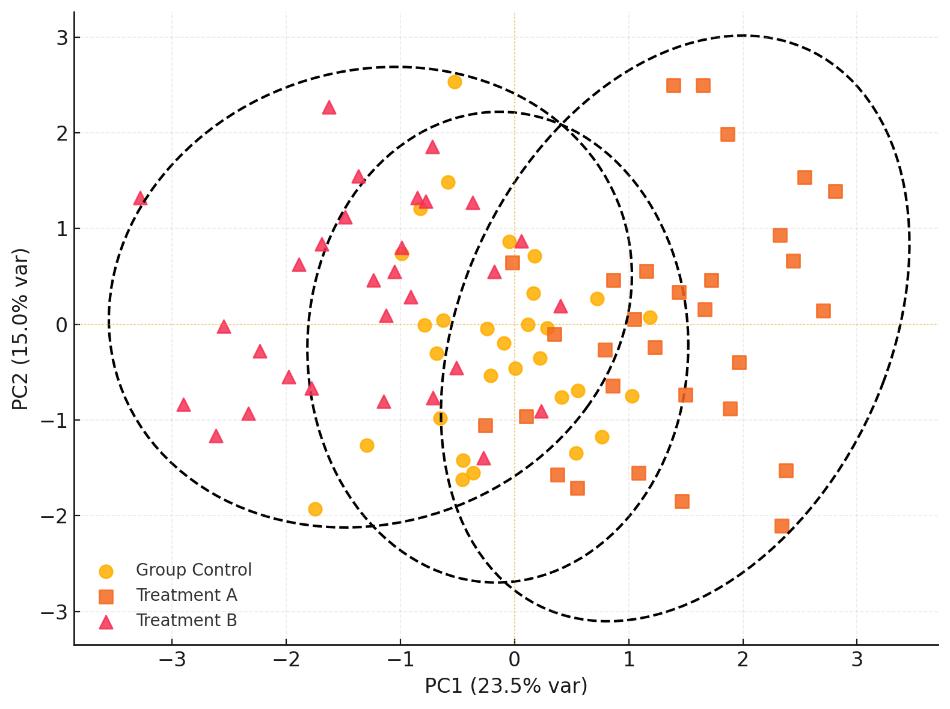 Two-dimensional PCA of steroid profiles; three groups cluster apart with dashed 95% ellipses.