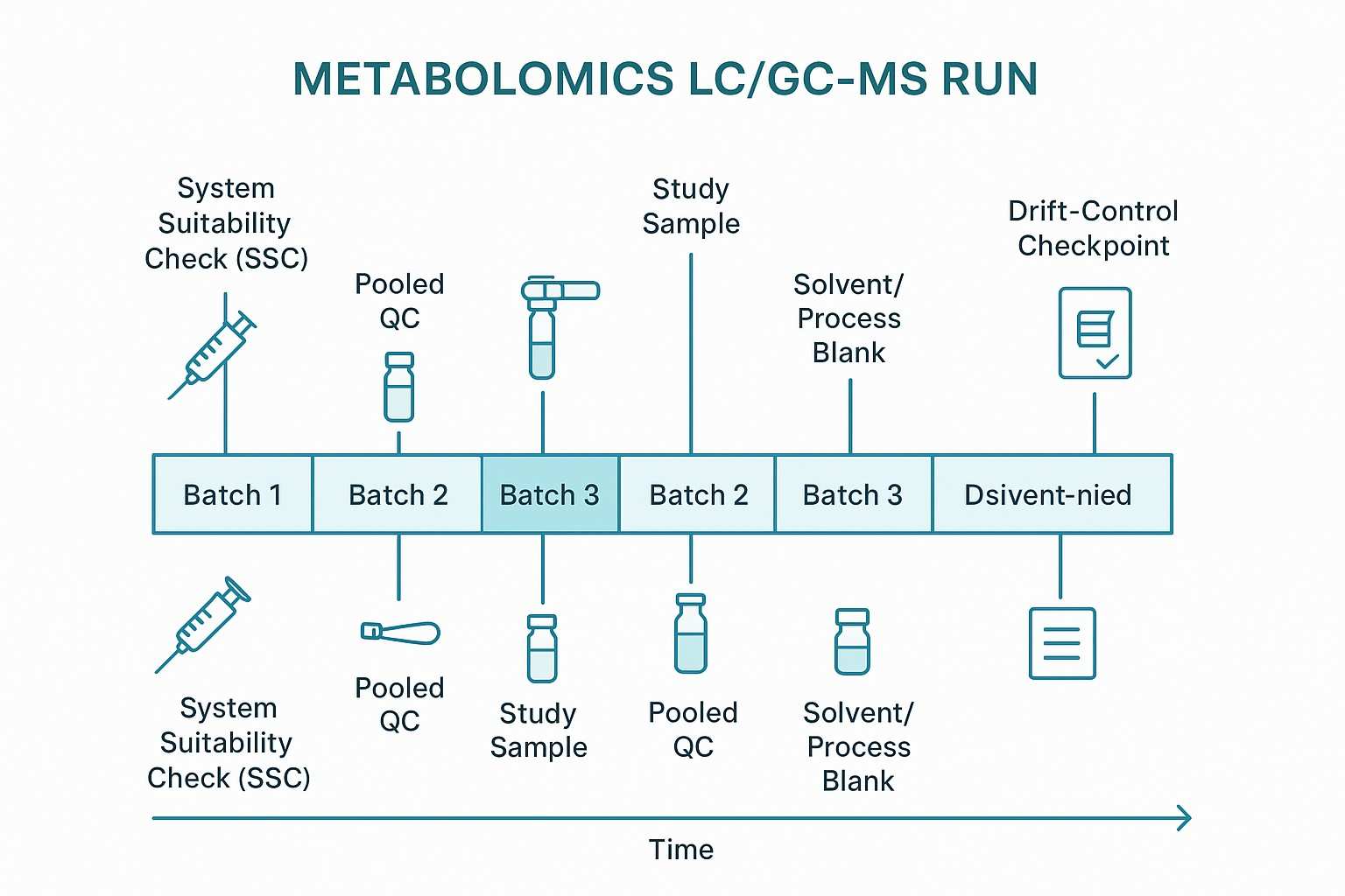 A timeline showing study batches, pooled QC injections, blanks, system suitability checks, and drift-control checkpoints across a metabolomics run