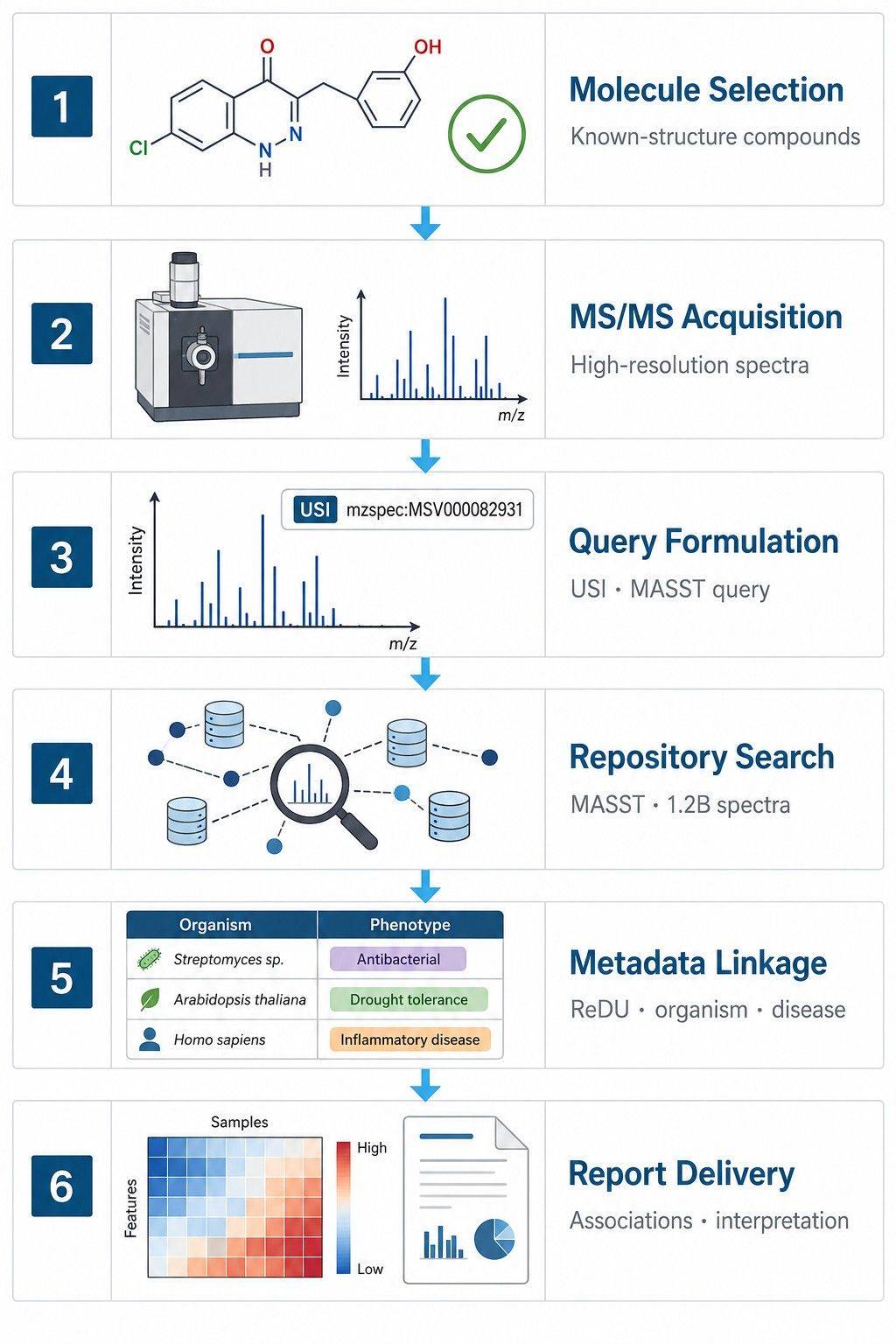 Reverse metabolomics workflow from spectra to phenotype association