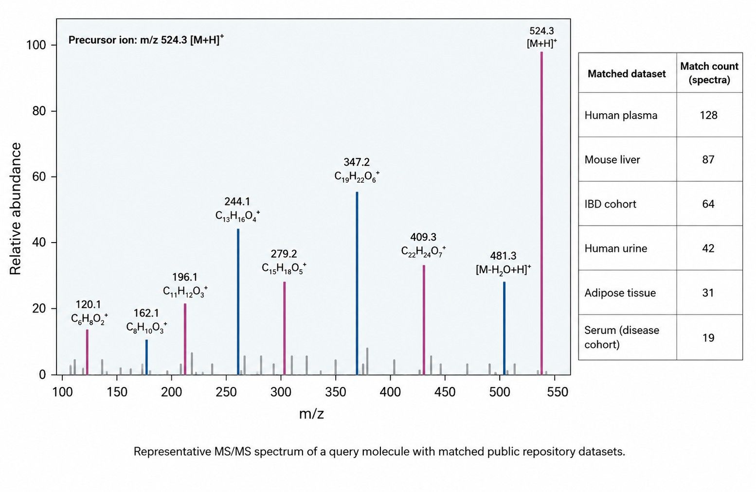 MS/MS spectrum matched to public repository datasets
