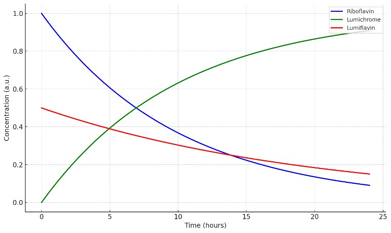 Photodegradation plot showing Riboflavin, Lumichrome, and Lumiflavin concentration changes over time.