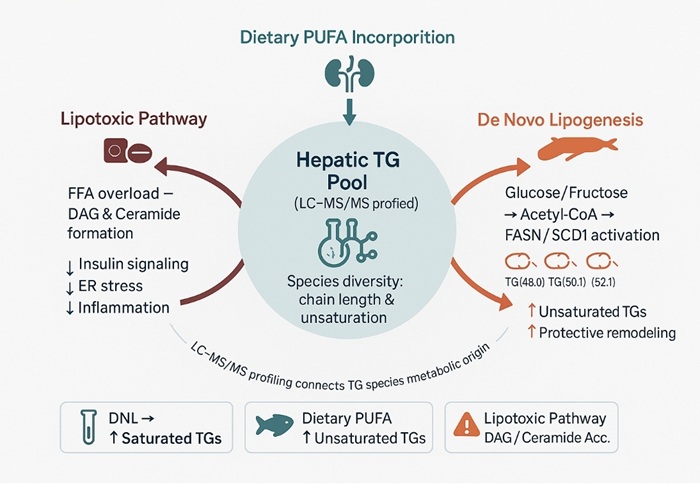 Diagram linking DNL, PUFA incorporation, and lipotoxic lipid pathways to TG remodeling in NAFLD.