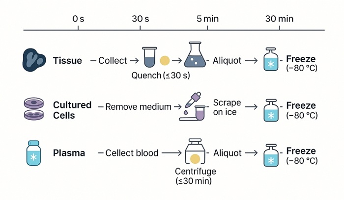 Timeline showing collection, quenching, centrifugation, aliquoting, and –80 °C freezing for tissue, cultured cell, and plasma samples.