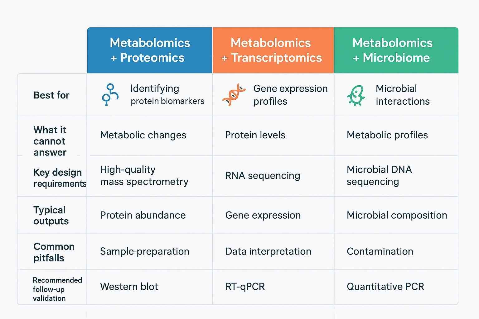Comparison card infographic contrasting Met+Proteomics, Met+Transcriptomics, and Met+Microbiome across key design and output dimensions