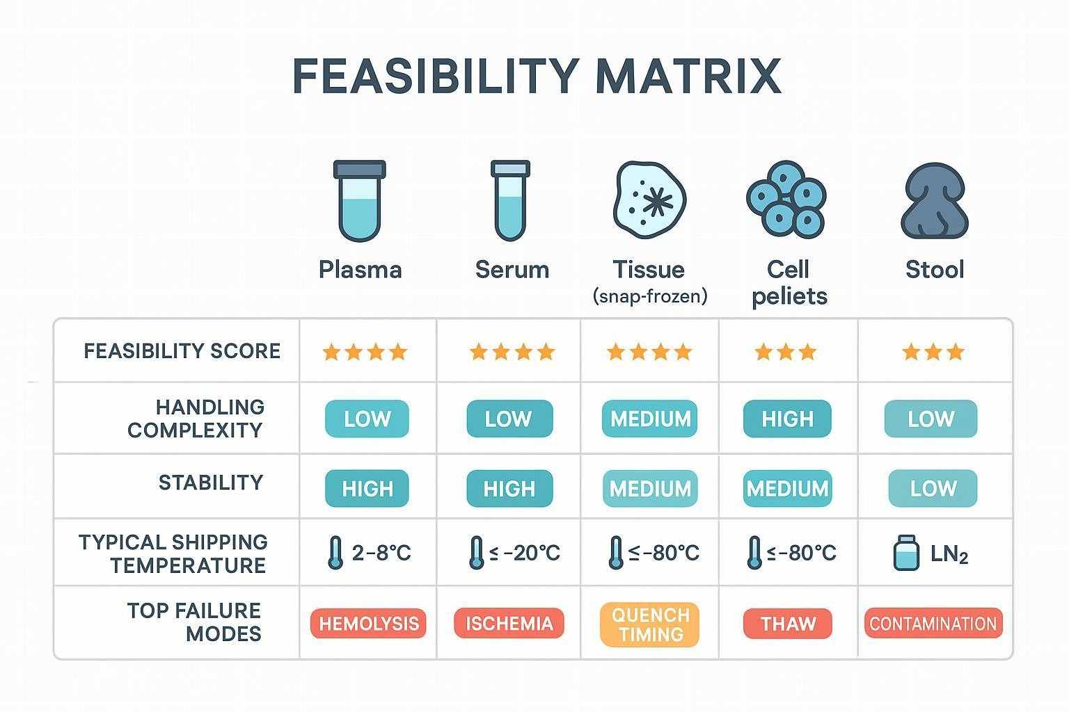 Infographic matrix comparing plasma, serum, tissue, cells, and stool for multi-omics feasibility, complexity, stability, shipping temperature, and failure modes.