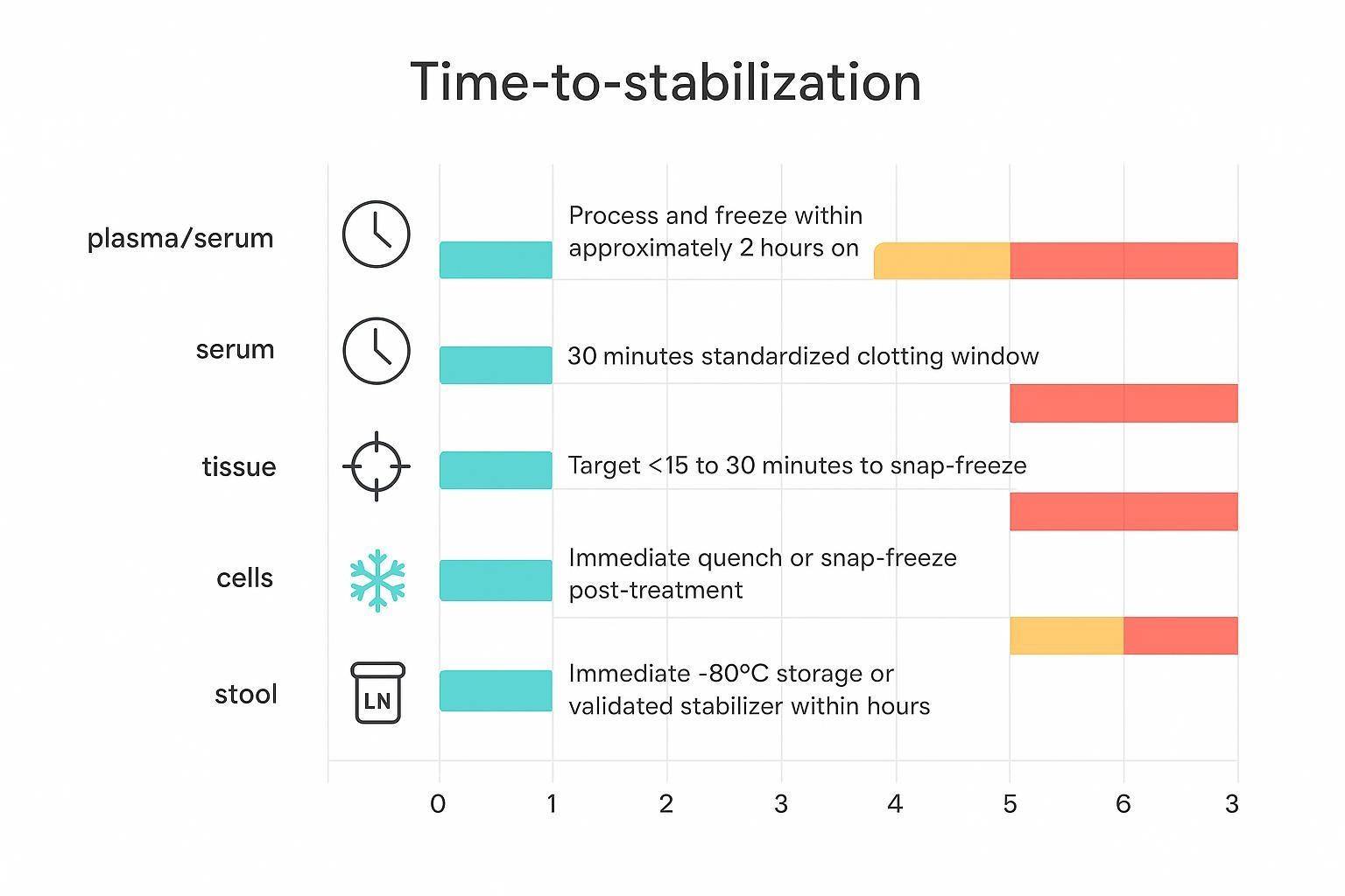 Timeline diagram showing best-practice time-to-stabilization windows for plasma/serum, tissue, cells, and stool with warning and danger zones.