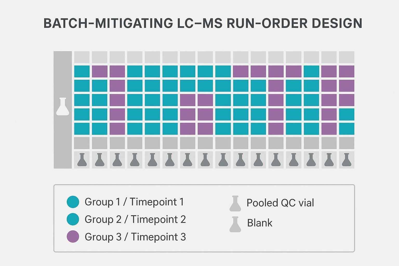 Run-order schematic showing randomized samples with interleaved pooled QCs and blanks across balanced batches