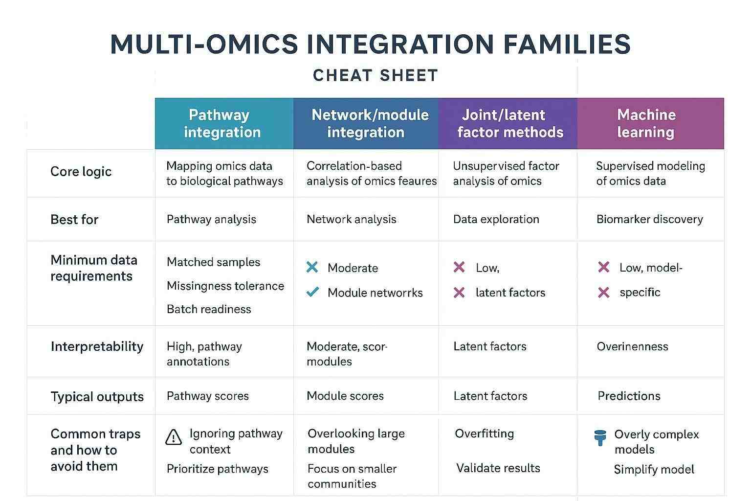 One-page selection table visual comparing Pathway, Network/module, Joint/latent, and ML across goals, data needs, interpretability, outputs, and traps
