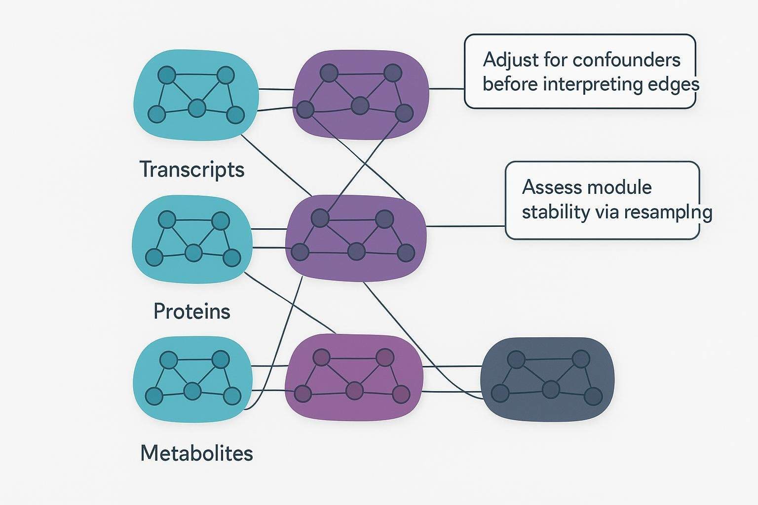 Multi-layer network with transcript, protein, and metabolite nodes grouped into modules; callouts for confounder adjustment and module stability