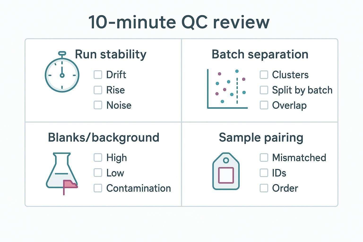 Infographic checklist for a 10-minute QC review covering run stability, batch separation, blanks, and sample pairing