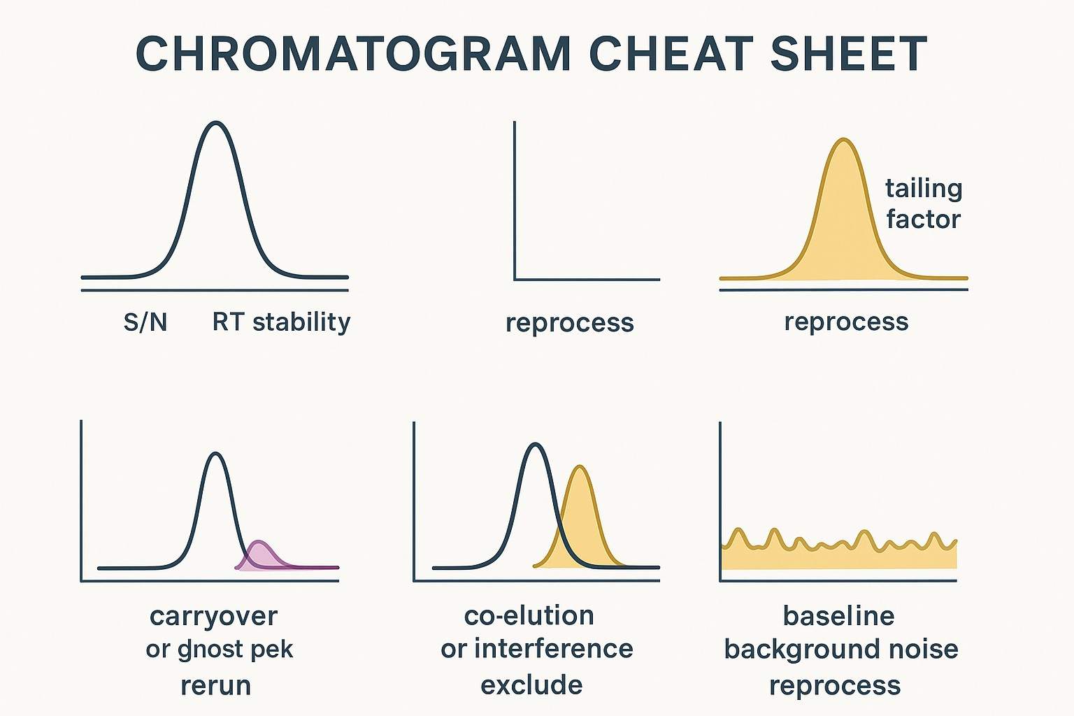 Infographic of chromatogram reading basics with labeled examples for clean peak, tailing, carryover, co-elution, and elevated baseline